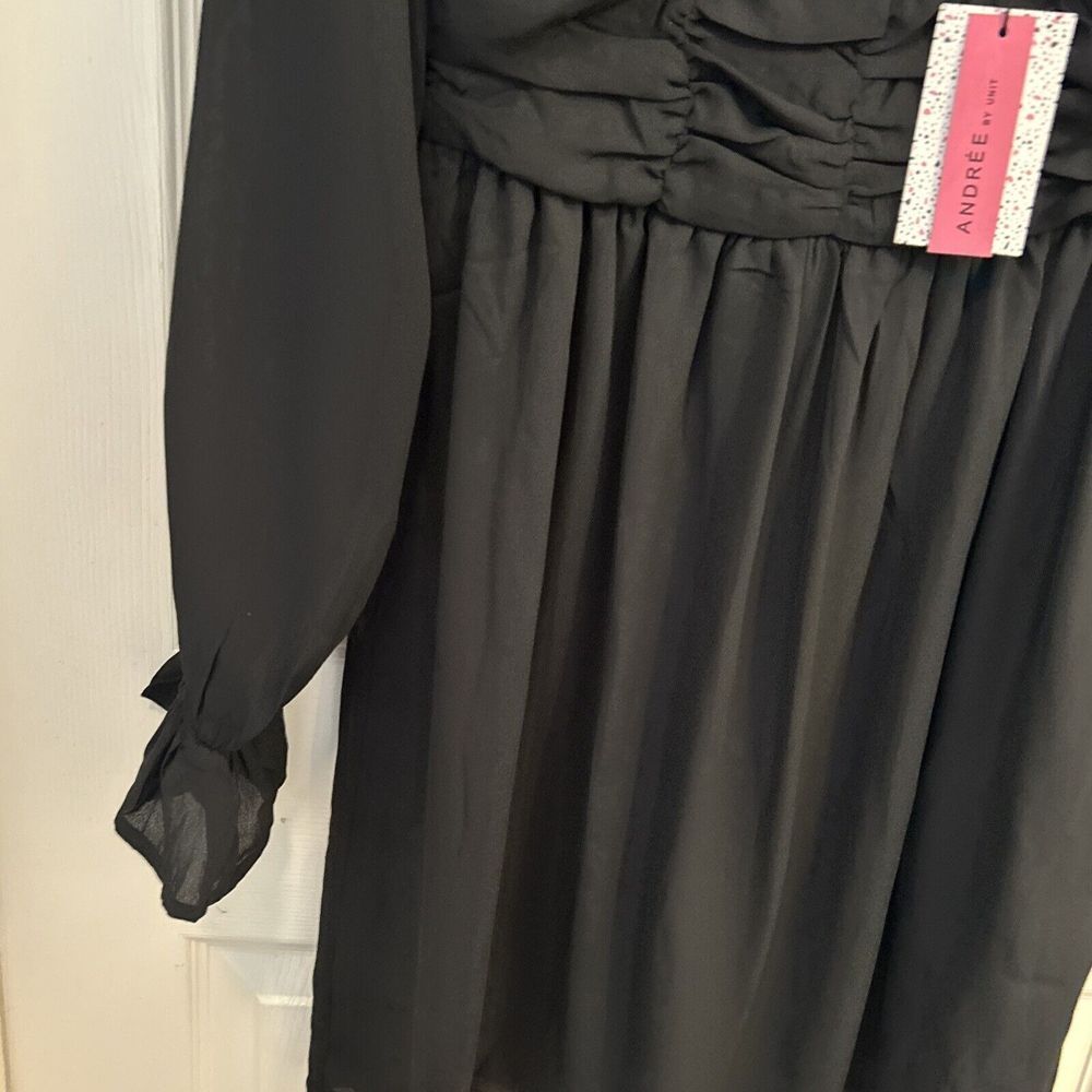 Andree By Unit Boutique A-Line Ruched Dress NWT Women's S Black Long Sleeve